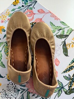 Tieks Gold Leather Ballet Flats with Teal Heel Tab